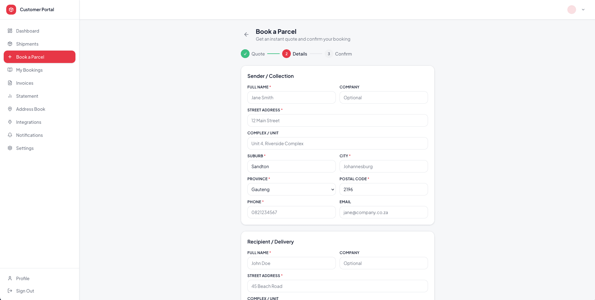 Self-service shipment booking