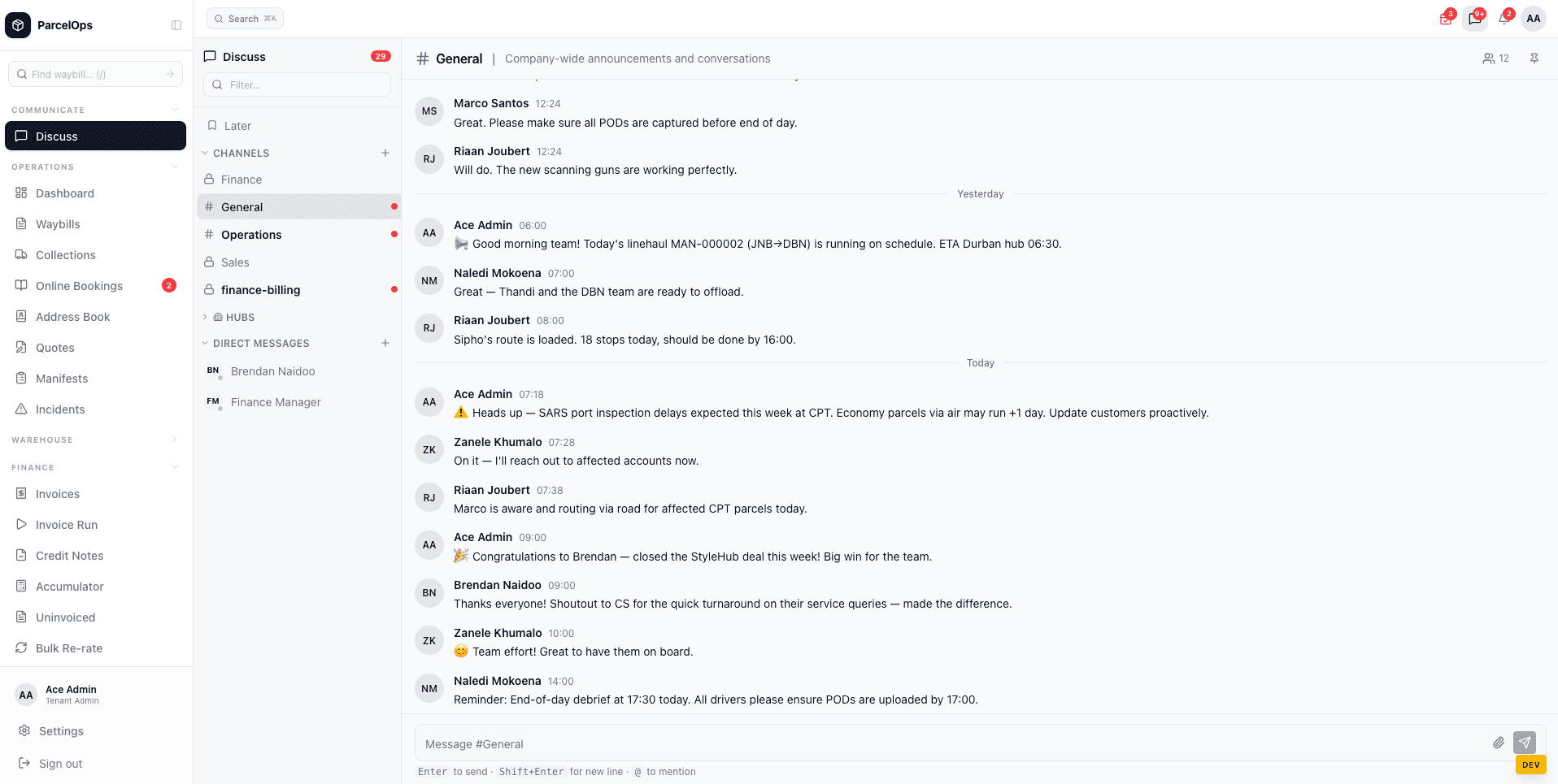 Internal team messaging channels