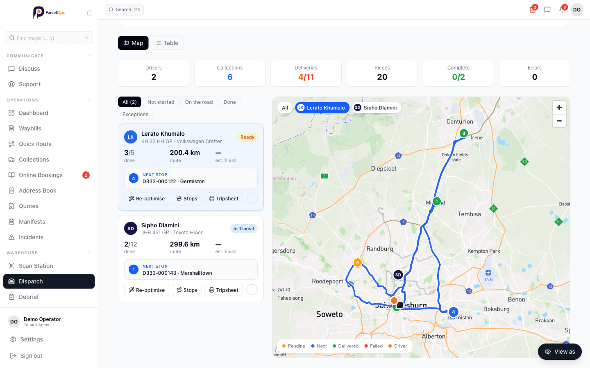 Office dispatch map — selecting drivers to see each run, next stop and progress