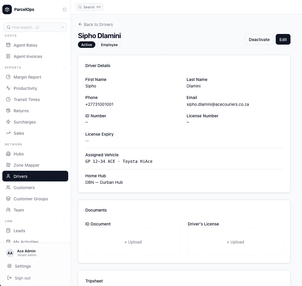 Driver profile and delivery history