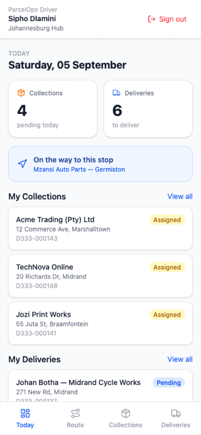 Driver app Today tab with collections and deliveries