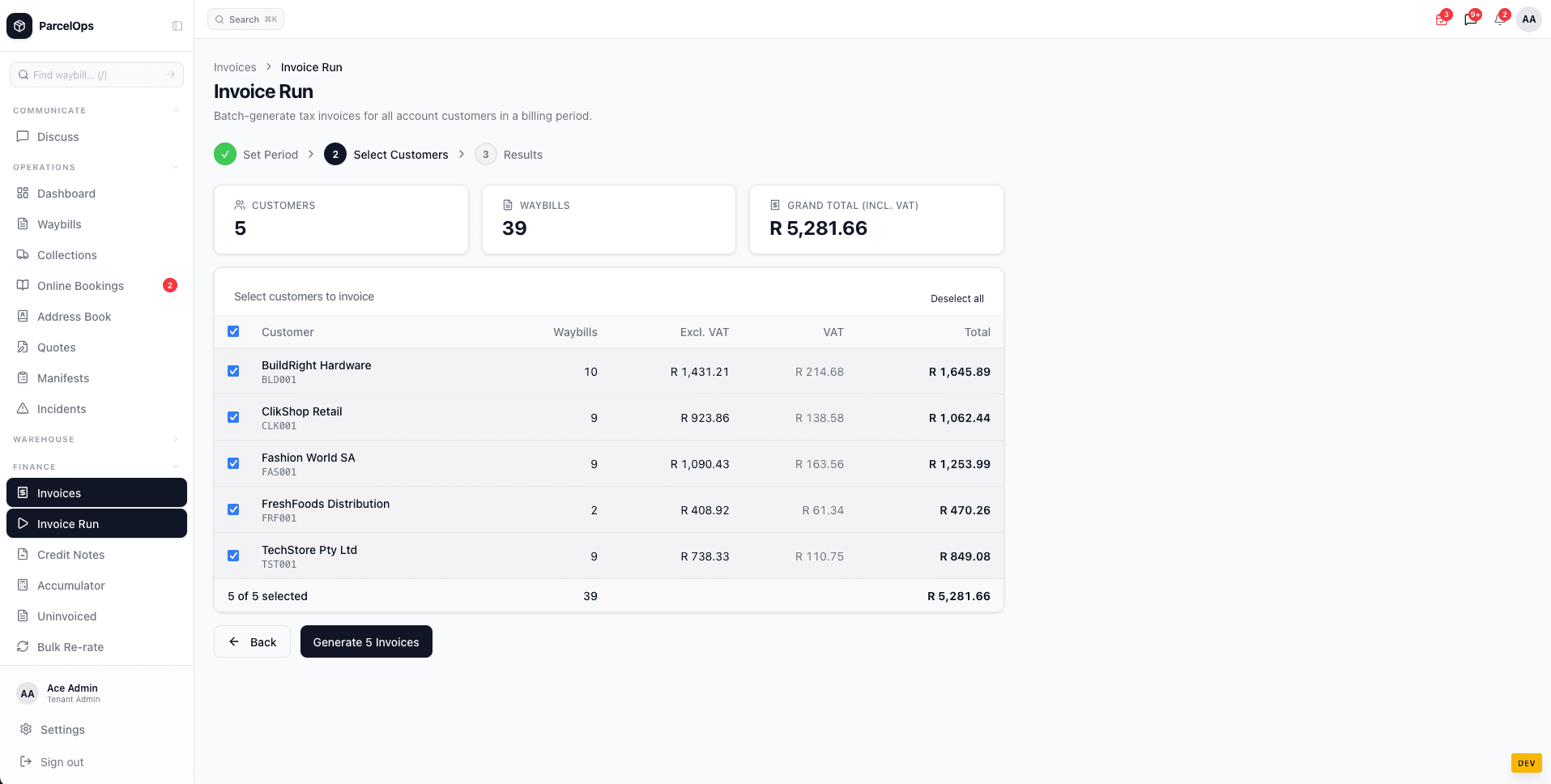 Invoice run generation