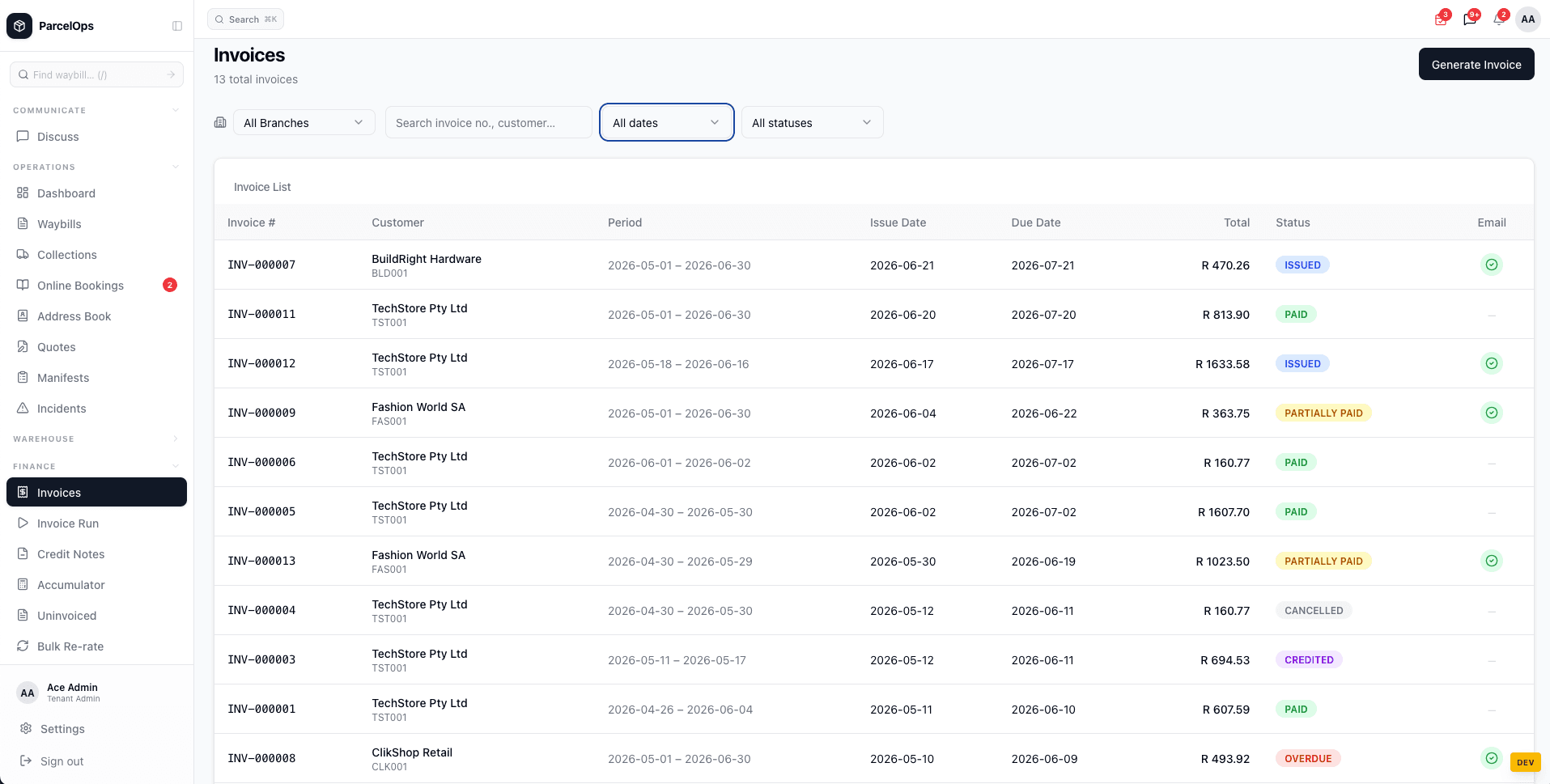 Invoice list with status overview