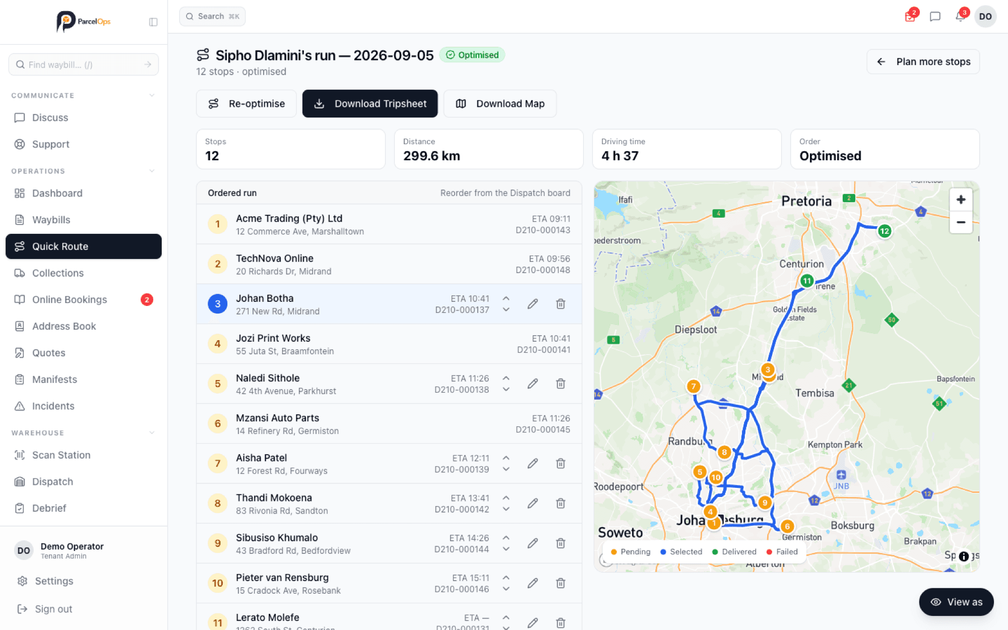Quick Route: a 12-stop run optimised from 299.6 km to 169.8 km on real roads