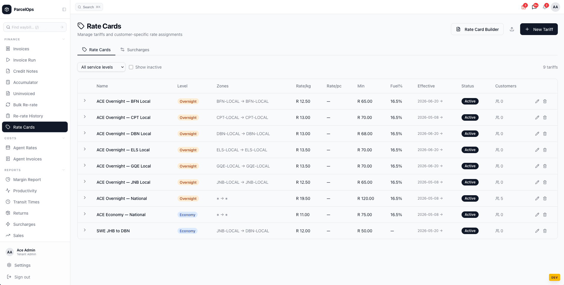 Rate cards and tariff builder