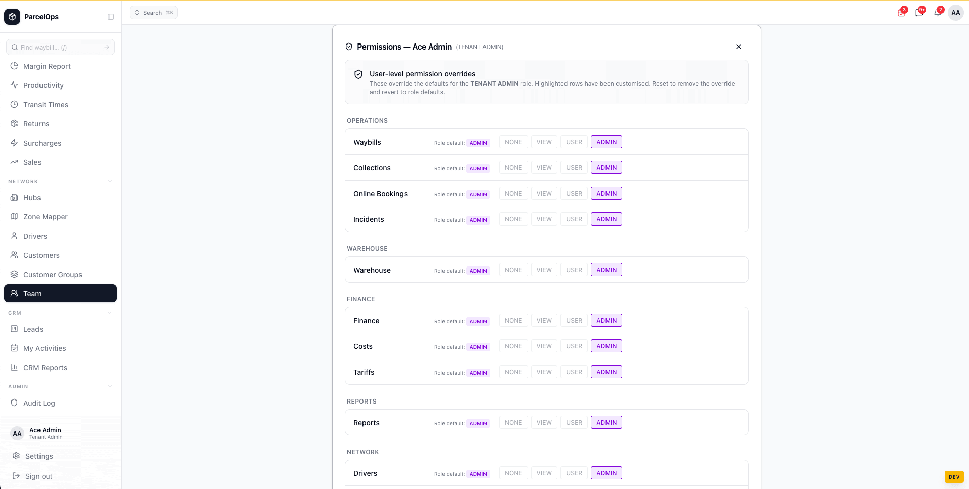 Granular module permission matrix