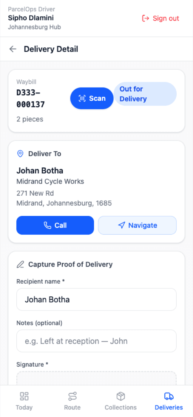 Driver app delivery detail with proof-of-delivery capture