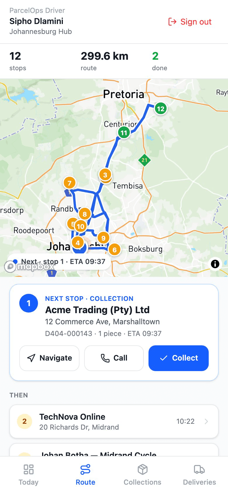 Driver app Route tab